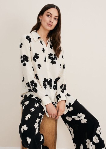 Phase Eight Rae Floral Longline Shirts Black/White USA | 3196240-EF